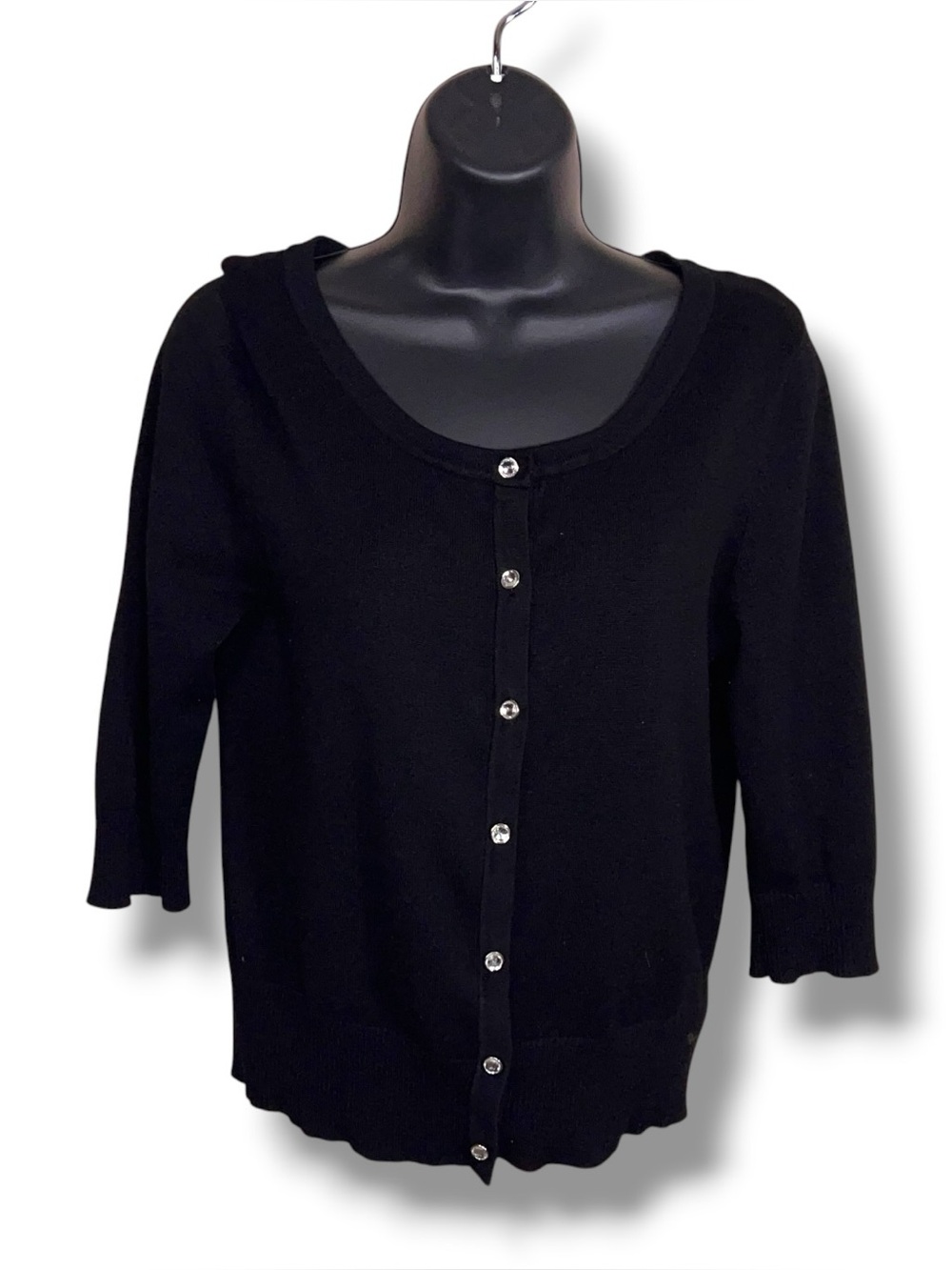 Y2K Juniors Large Wet Seal Black Cardigan Sweater 3/4 Sleeve Knit Gem Button
